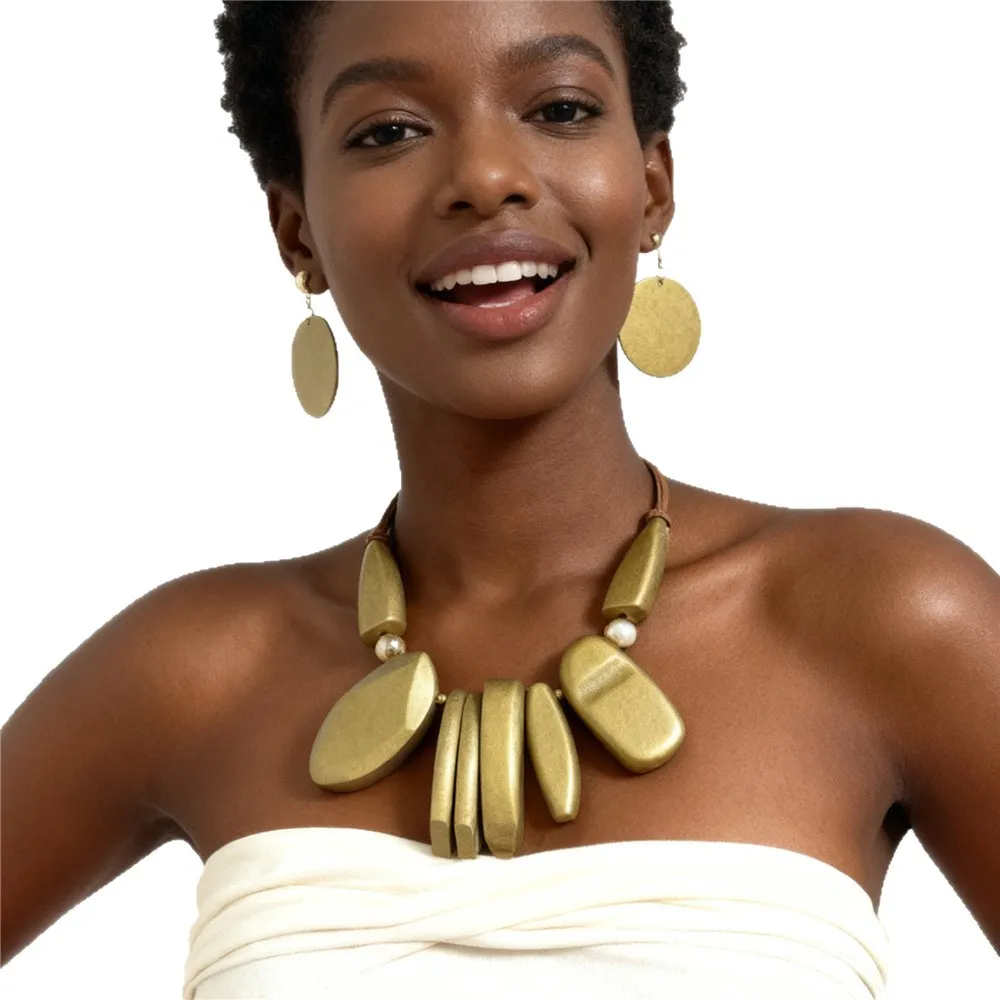 Women Fashion Exaggerated Large Geometric Wooden Shape Necklace Earrings Set