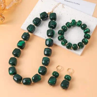 Women Fashion Multicolor Resin Sugar Beaded Necklace Bracelet Earrings Jewelry Set
