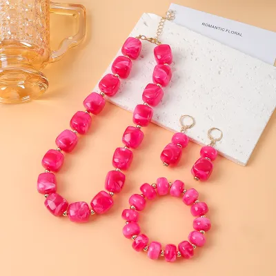Women Fashion Multicolor Resin Sugar Beaded Necklace Bracelet Earrings Jewelry Set