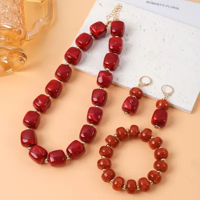 Women Fashion Multicolor Resin Sugar Beaded Necklace Bracelet Earrings Jewelry Set