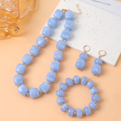 Women Fashion Multicolor Resin Sugar Beaded Necklace Bracelet Earrings Jewelry Set