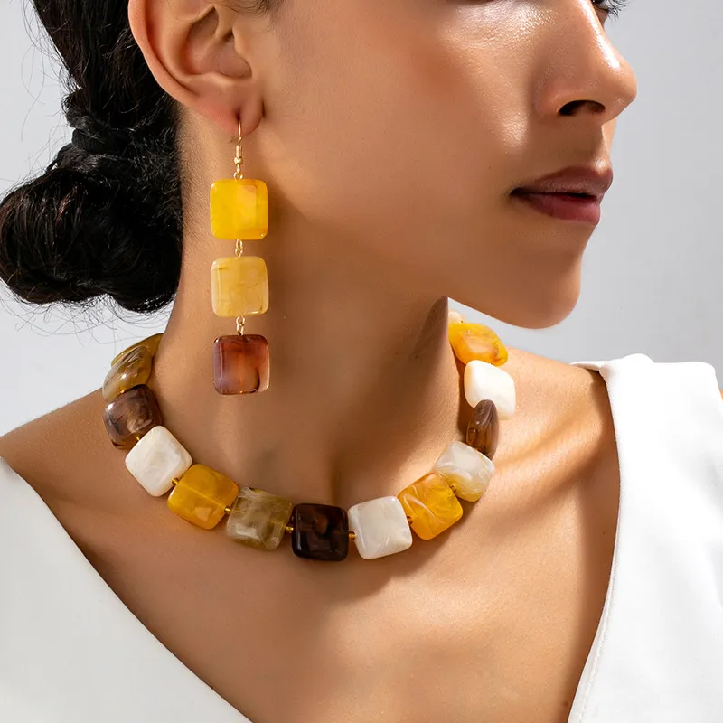 Women Fashion Retro Amber Square Beaded Necklace Earrings Set