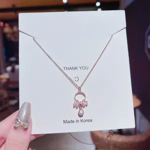 Elegant Bow Pendant Rhinestone Decoration Titanium Steel Necklace