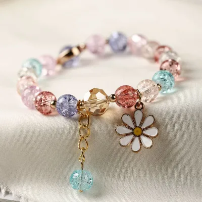 Cute Flower Pendant Crystal Beaded Design Woven Bracelet