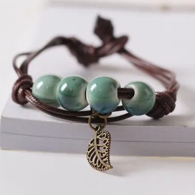 Women's Ethnic Ceramic Beaded Woven Bracelet with Geometric Pendant