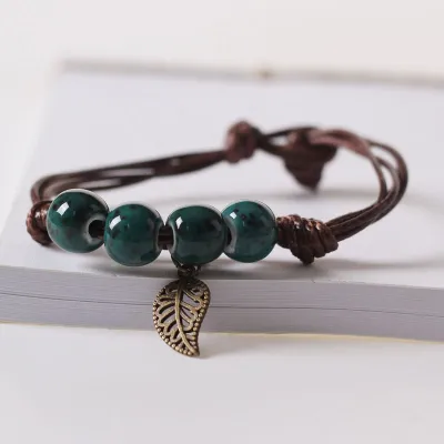 Women's Ethnic Ceramic Beaded Woven Bracelet with Geometric Pendant