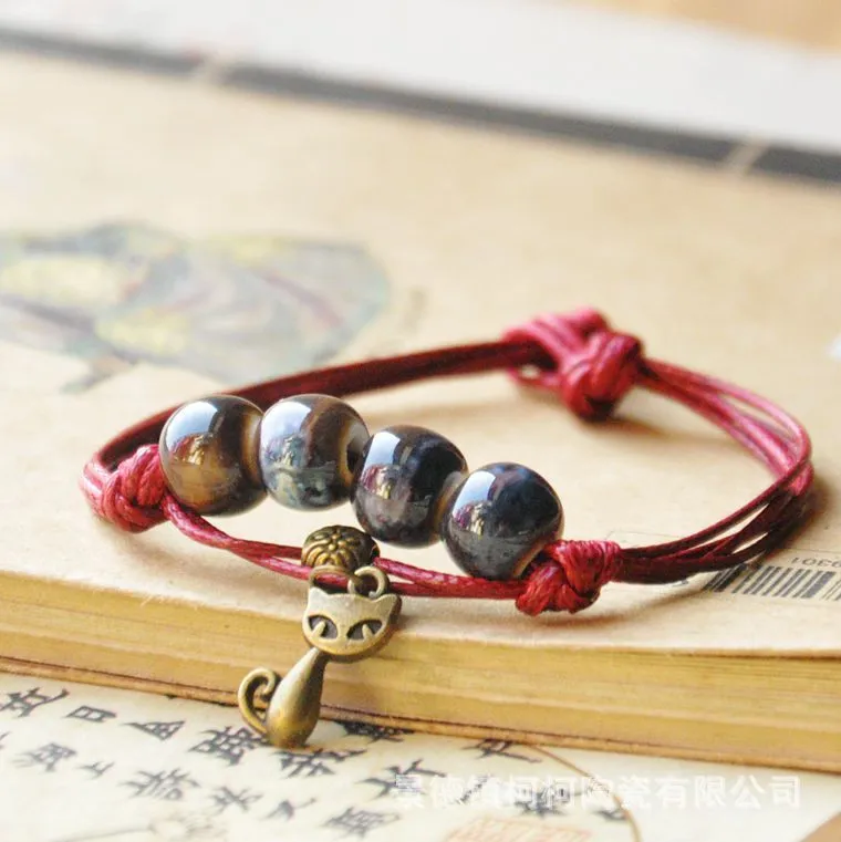 Women's Ethnic Ceramic Beaded Woven Bracelet with Geometric Pendant