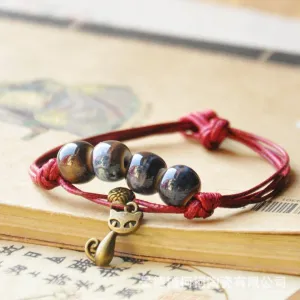 Women's Ethnic Ceramic Beaded Woven Bracelet with Geometric Pendant