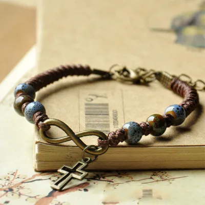 Vintage Cross Pendant Beaded Ceramic Geometric Woven Bracelet for Women