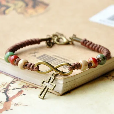 Vintage Cross Pendant Beaded Ceramic Geometric Woven Bracelet for Women
