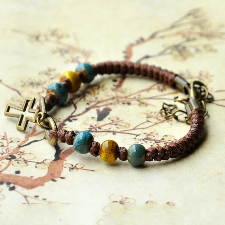 Vintage Cross Pendant Beaded Ceramic Geometric Woven Bracelet for Women