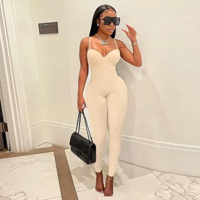 Women Sexy Solid Color Spaghetti Strap Tight Long Jumpsuits