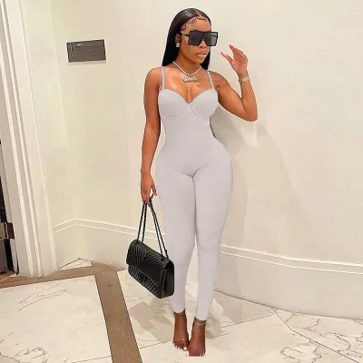 Women Sexy Solid Color Spaghetti Strap Tight Long Jumpsuits