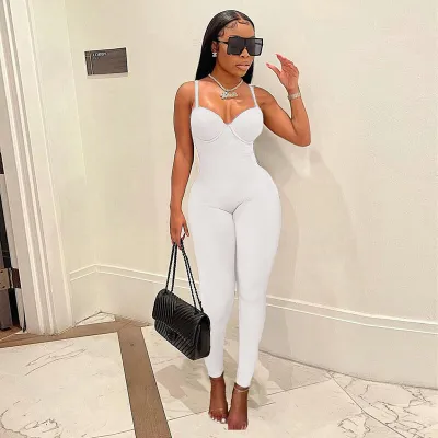 Women Sexy Solid Color Spaghetti Strap Tight Long Jumpsuits