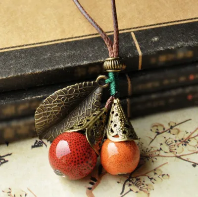 Ethnic Vintage Leaf Ceramic Beads Pendant Necklace Geometric for Women