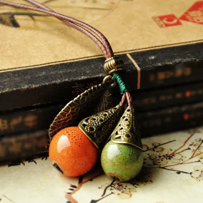 Ethnic Vintage Leaf Ceramic Beads Pendant Necklace Geometric for Women