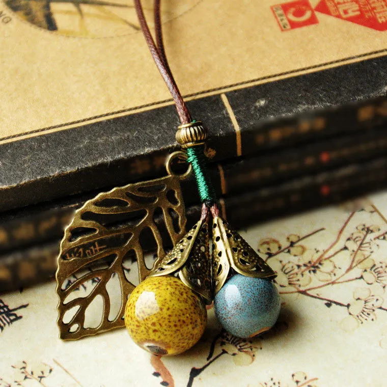 Ethnic Vintage Leaf Ceramic Beads Pendant Necklace Geometric for Women