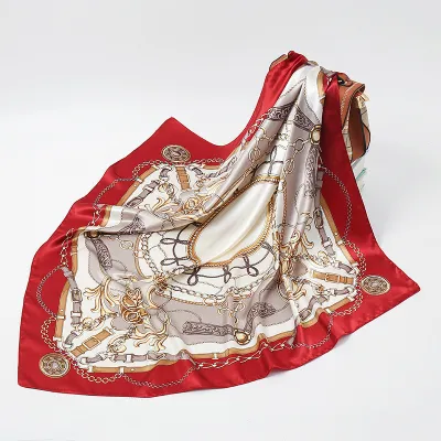 Women Retro Leopard Chain Pattern Square Silk Scarf