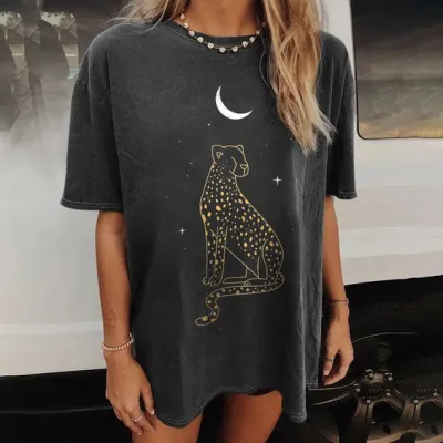 Summer Casual Drop Shoulder Plus Size Short Sleeve Skull Man Moon Print Women Loose T-Shirt