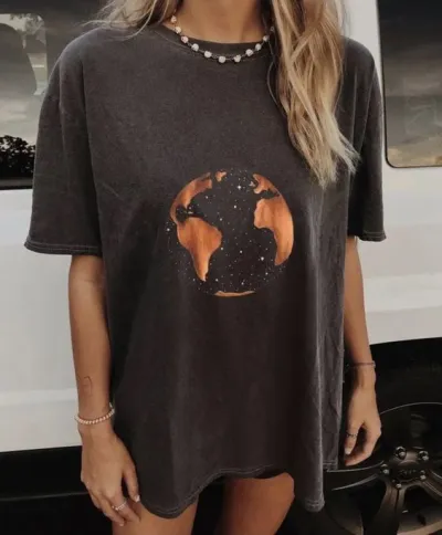 Summer Casual Drop Shoulder Plus Size Short Sleeve Skull Man Moon Print Women Loose T-Shirt