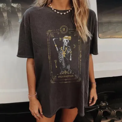 Summer Casual Drop Shoulder Plus Size Short Sleeve Skull Man Moon Print Women Loose T-Shirt