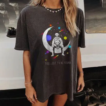 Summer Casual Drop Shoulder Plus Size Short Sleeve Skull Man Moon Print Women Loose T-Shirt