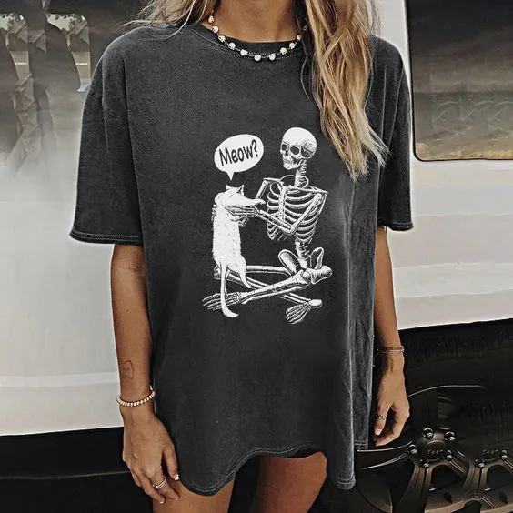 Summer Casual Drop Shoulder Plus Size Short Sleeve Skull Man Moon Print Women Loose T-Shirt