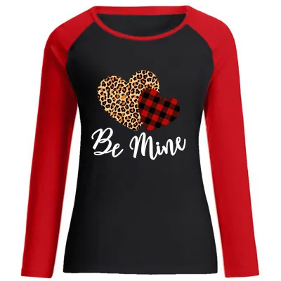 Valentine's Day Long Sleeve Women Round Neck Cotton Love Letter Print Casual T-shirt