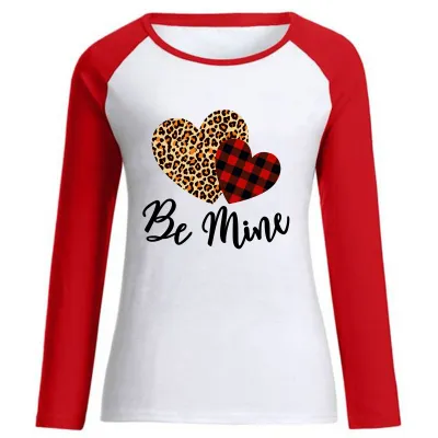 Valentine's Day Long Sleeve Women Round Neck Cotton Love Letter Print Casual T-shirt