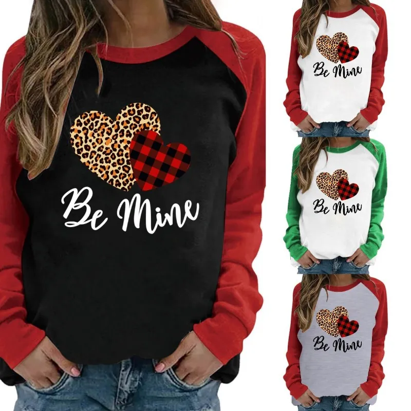 Valentine's Day Long Sleeve Women Round Neck Cotton Love Letter Print Casual T-shirt