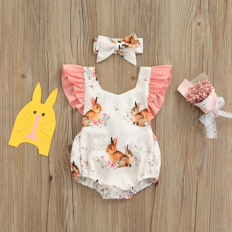 Girls Easter Cute Cartoon Rabbit Ruffled Romper With Headband Set