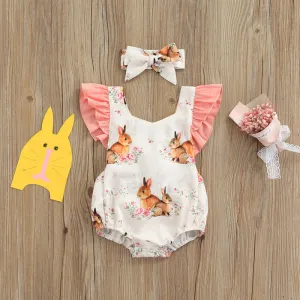 Girls Easter Cute Cartoon Rabbit Ruffled Romper With Headband Set