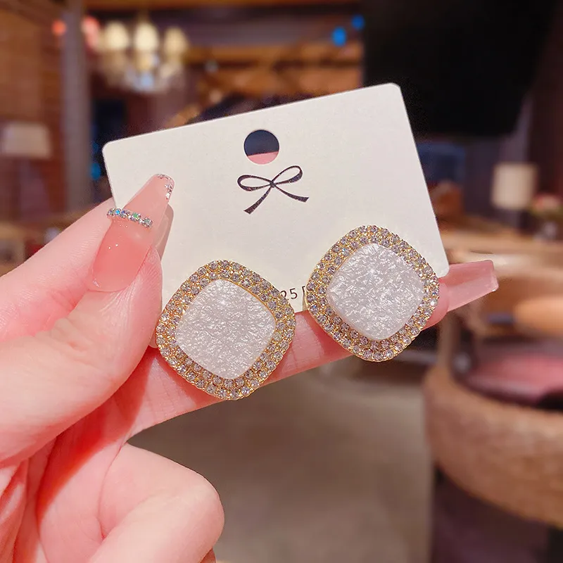 Temperament Square Rhinestone Decor Alloy Stud Earrings for Women