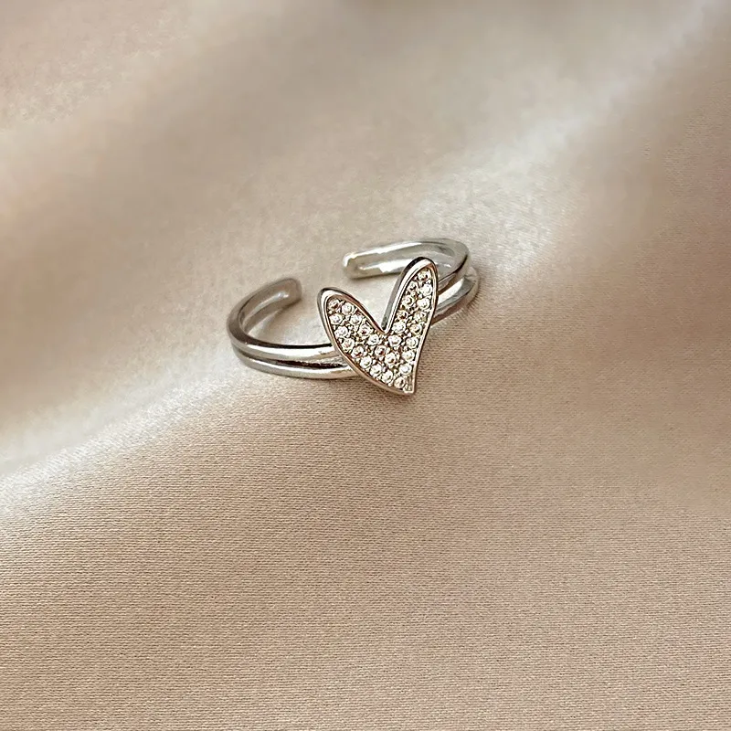 Simple Heart Shaped Zircon Decorated Double Layer Opening Design Copper Ring