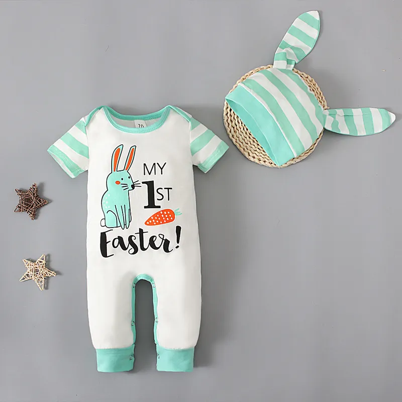 Boys Easter Round Neck Short Sleeve Rabbit Letter Striped Two-piece Set with Hat