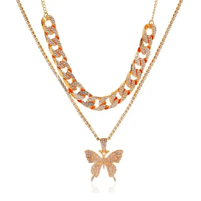Exaggerated Butterfly Shape Pendant Rhinestone Decorative Alloy Multilayer Necklace