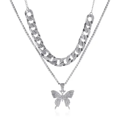 Exaggerated Butterfly Shape Pendant Rhinestone Decorative Alloy Multilayer Necklace