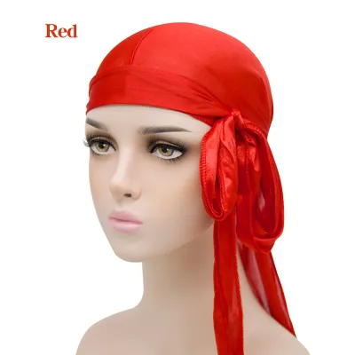Basic Solid Color Imitation Silk Turban Hat Hip Hop Long Tail Pirate Dome Unisex