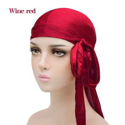 Basic Solid Color Imitation Silk Turban Hat Hip Hop Long Tail Pirate Dome Unisex