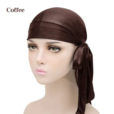 Basic Solid Color Imitation Silk Turban Hat Hip Hop Long Tail Pirate Dome Unisex