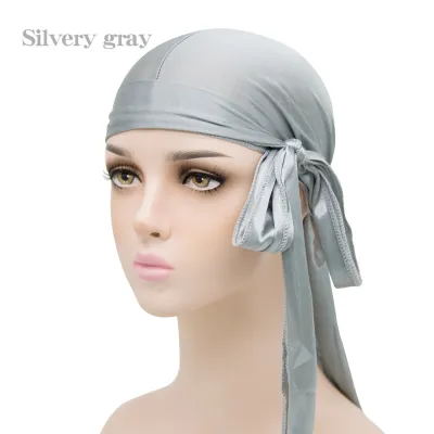 Basic Solid Color Imitation Silk Turban Hat Hip Hop Long Tail Pirate Dome Unisex
