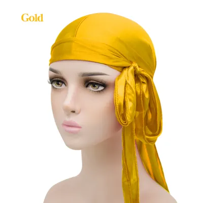 Basic Solid Color Imitation Silk Turban Hat Hip Hop Long Tail Pirate Dome Unisex