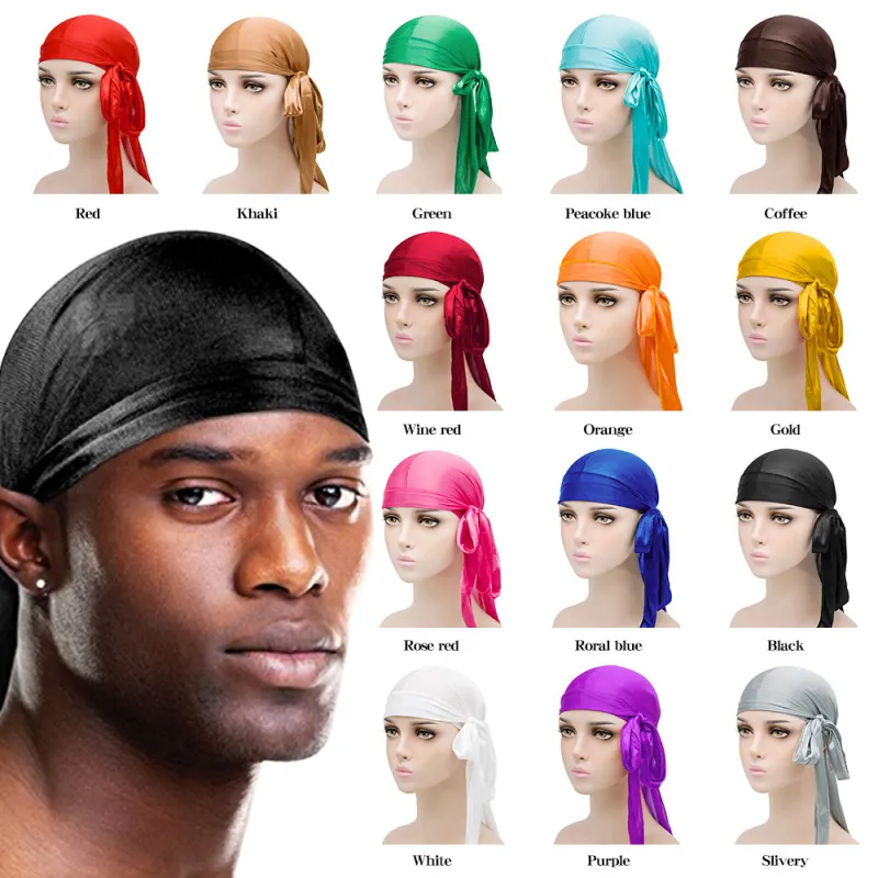 Basic Solid Color Imitation Silk Turban Hat Hip Hop Long Tail Pirate Dome Unisex