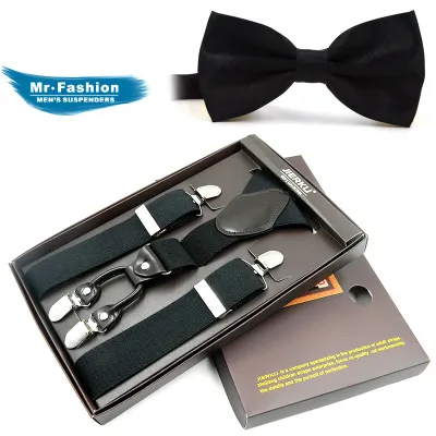 Men Classic Strap and Bow Tie Set with Elastic Silk