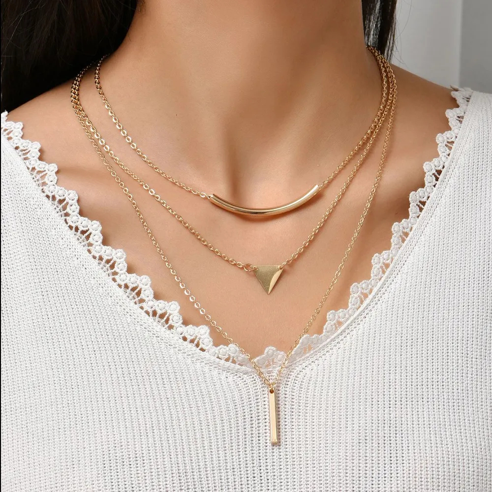 Creative Geometric Pendant Alloy Multilayer Ball Chain Women's Necklace