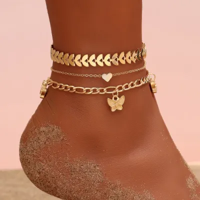 Vintage Butterfly Pendant Heart Alloy Anklet Set 3-Piece Foot Ornament Fishbone Chain