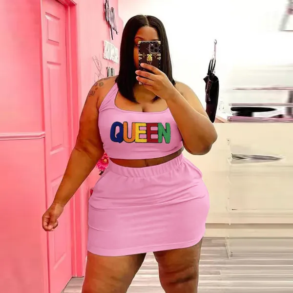 Women Casual Athleisure Sleeveless Queen Letter Applique Crop Tank Top And Skirt Two-piece Set