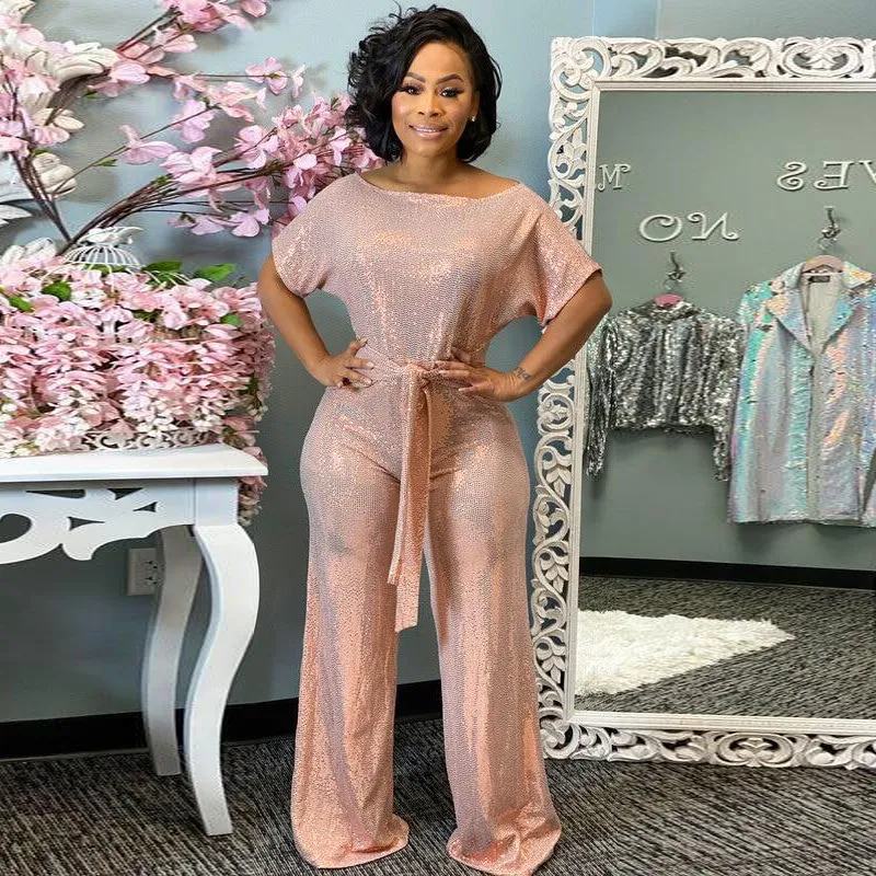 Women Elegant Sequins Short Sleeves Oblique Shoulder Bandage Wide Legs Jumpsuits
