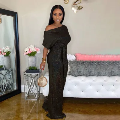 Women Elegant Sequins Short Sleeves Oblique Shoulder Bandage Wide Legs Jumpsuits