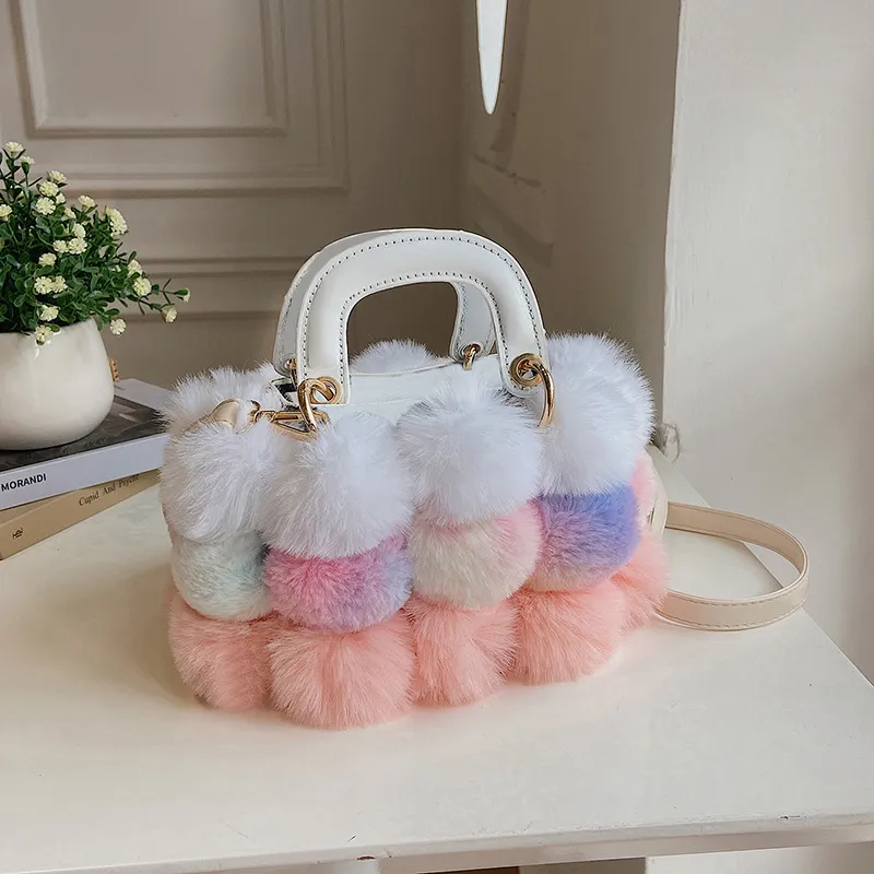 Women Casual Pompon Color Block Shoulder Handle Bag